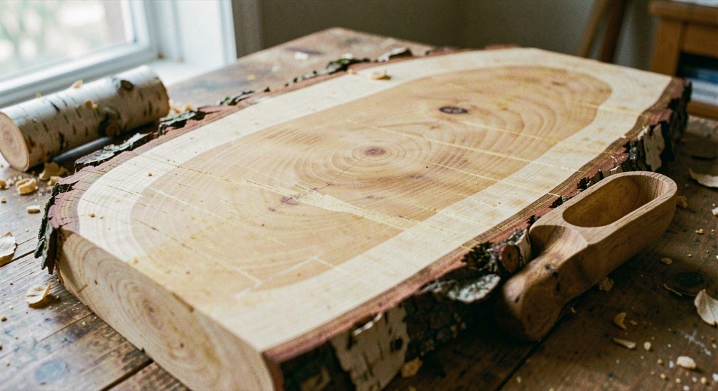 Yellow birch blank with pale amber grain, bark edge and a small turned scoop nearby