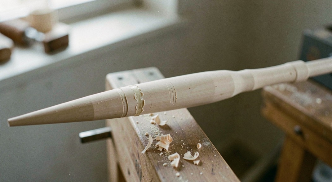 A pale spindle blank with soft shavings, resin marks and a simple tool rest